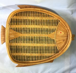 Vintage Boho Wood Wicker Hand Crafted Fish Shape Serving Tray