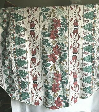 Vintage Christmas Table Cloth Oval 68x 50 " Subdued Color Textured Fabric Holiday