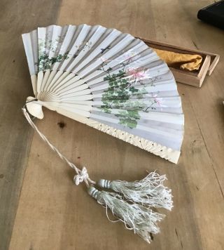 Antique Japanese Hand Painted & Embroidered Silk Fan With Bone Ends In Orig Box
