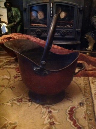 Antique Vintage Copper Brass Log Coal Scuttle Bucket Fire Side Fireplace Helmet