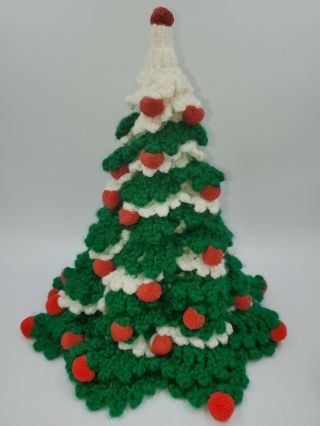 Vintage Handmade Crocheted Christmas Tree Green White Red Holiday Home Decor