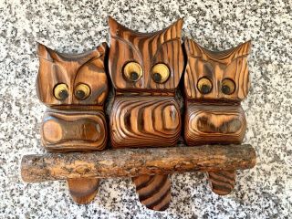 Vintage Owl Wall Plaque Big Eyes Wooden Hand Carved Hanging Folk Art Mcm 3 Owls