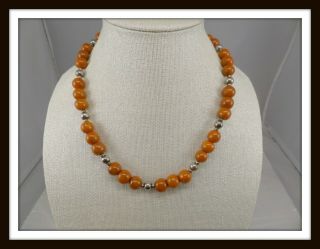 Vintage Silver - Tone & Orange Stone Bead Necklace 3941