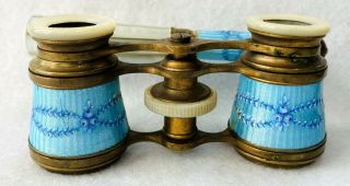 Antique Enamel Guilloche Opera Glasses Hand - Ptd Blue Roses & Mother Of Pearl