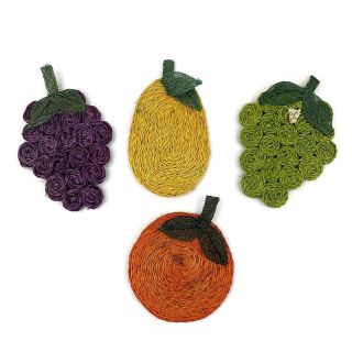 Vtg Made In Philippines Set Of 4 Woven Straw Raffia Fruit Trivets Coasters Grape