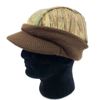Vtg Mens Camouflage Camo Beanie Hat Cap Brim Toboggan Insulated Hipster Hunting