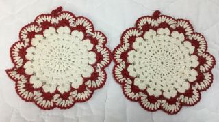 Two Vintage Hand Crocheted Pot Holders Or Hot Pads,  Flower Design,  Red,  Ivory