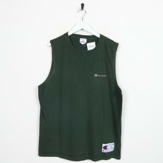 Vintage Champion Small Logo Sleeveless Vest Top T Shirt Green | Large L