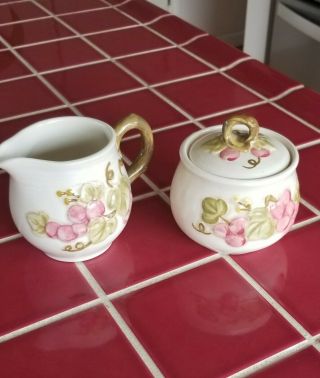 Metlox Pottery Poppy Trail Vintage Pink Grapes Creamer And Covered Sugar