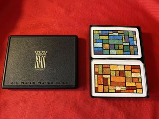 Vintage 2 Decks Kem Stain Glass Plastic Playing Cards With Case