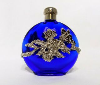 Vintage Cobalt Blue Glass Round Perfume Bottle W/ Floral Butterfly Metal Overlay