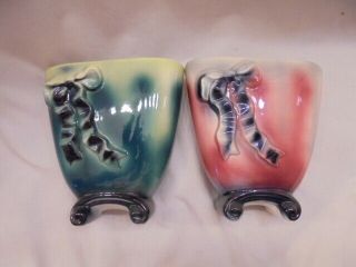 Vintage Pair Royal Copley Ceramic Bow & Ribbon Footed Planter Vases Pink / Green