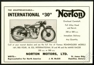 1948 Norton International 30 Motorcycle Photo Vintage Print Ad