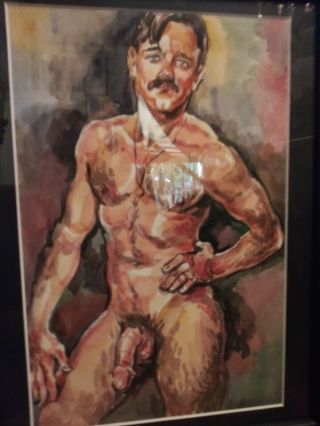 Vintage Male Nude Watercolor " Horse Hung " Plus 2 B&w Model Nude Photos