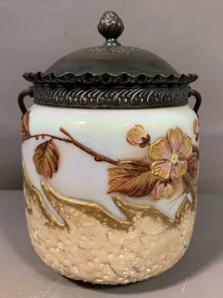 Ca.  1900 Antique Art Nouveau Era Art Glass Flower Victorian Silver P.  Biscuit Jar