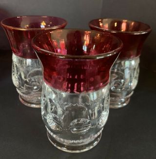 Vtg Set Of 3 Tiffin Kings Crown Thumbprint Ruby Red Flash Glasses Juice Wine 4 "