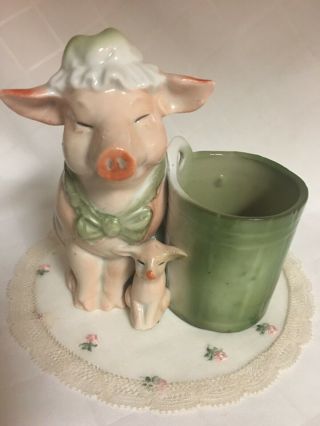 Antique German Pink Pig Porcelain Fairing Figurine Pig Pair Momma Match Holder