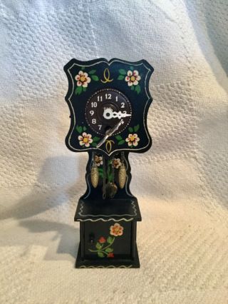 Vintage W Germany Mini Grandfather Clock 7.  5” Floral Black W.  Key Euc