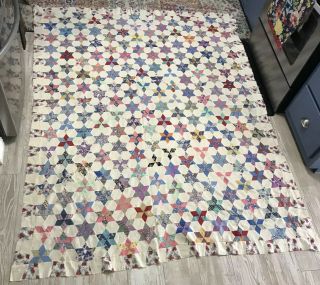 Vintage Antique 1930’s Feedsack Hand Sewn 6 Point Star Quilt Top 84x72