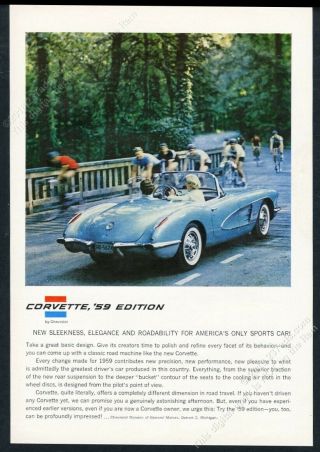1959 Chevrolet Corvette Blue Convertible Car Color Photo Vintage Print Ad