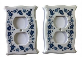 2 - Vintage Blue & White Flower Ceramic - Look Plastic Outlet Cover Plates