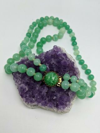 Vintage Jade Green Peking Glass 9mm Beads Hand Knotted Two Strand Necklace 16 "
