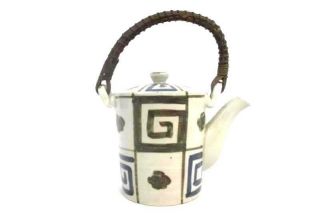 Vintage Ceramic Tea Pot With Lid And Strainer Inside Spout Gray Wicker Handle