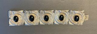 Vintage Plata Sterling 925 And Black Onyx Hinged Bracelet,  7”,  Five Sections