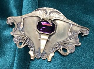 Antique George Steere Brass Sash/brooch Pin With Faceted Amethyst Glass Stone