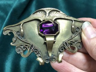 Antique George Steere brass sash/brooch pin with faceted amethyst glass stone 2