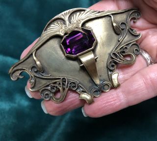 Antique George Steere brass sash/brooch pin with faceted amethyst glass stone 3