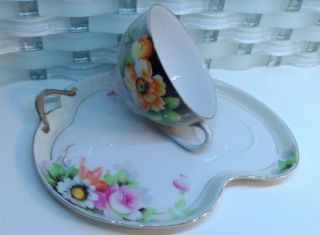 Vintage Noritake Japan Hand Painted A Cup & Tea Snack Plate Golden Rim Floral