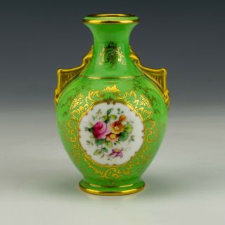 Antique Coalport China - Flower Bouquet & Gilt Decorated Green Glazed Vase