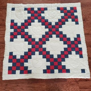 Vintage Quilt Red White Blue Patriotic With Hearts Lap 41 X 41 Inches