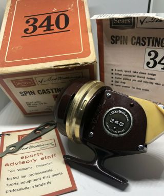 Vintage Sears Ted Williams 340 Spin Casting Fishing Reel W/ Box,  Papers & Wrench