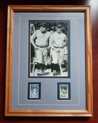Babe Ruth & Lou Gehrig Ny Yankees Framed Photo With Us Postage Stamps