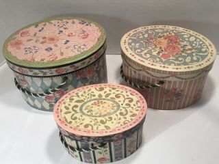 Vintage Set Of 3 Oval “victorian” Floral Nesting/hat Boxes With Rope Handles