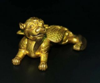 ANTIQUE CHINESE COPPER GILDED HAVE WINGS AUSPICIOUS BEAST 3