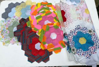 Vintage Honeycomb Hexagon Quilt Blocks 10” Hand Stitched Lightweight Cloth