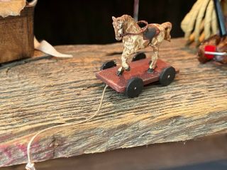 Vintage Miniature Dollhouse Artisan Western Horse Wood Pull Toy Leather Reins