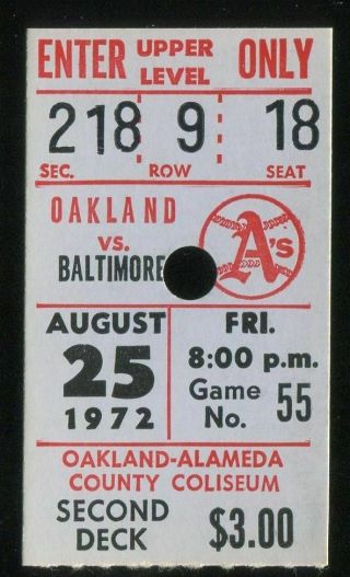 Oakland Athletics Baseball Ticket 1972 8/25 Baltimore Reggie Jackson Hr 154