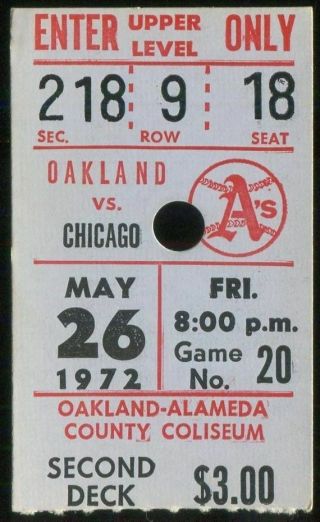 Oakland Athletics Baseball Ticket 1972 5/26 White Sox Reggie Jackson Hr 140