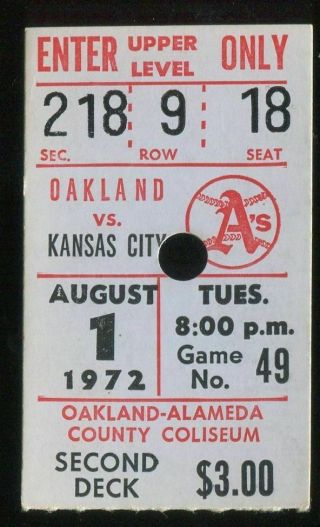 Oakland Athletics Baseball Ticket 1972 8/1 Kansas City Reggie Jackson Hr 153