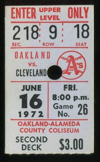 Oakland Athletics Baseball Ticket 1972 6/16 Indians Reggie Jackson Hr 145
