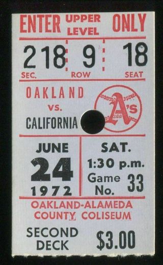 Oakland Athletics Baseball Ticket 1972 6/24 California Reggie Jackson Hr 147