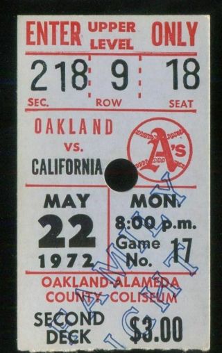 Oakland Athletics Baseball Ticket 1972 5/22 Angels Reggie Jackson Hr Nolan Ryan
