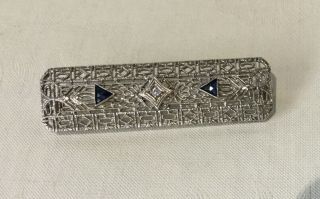 Antique Victorian 10k White Gold Filigree Bar Diamond Sapphire Pin Brooch