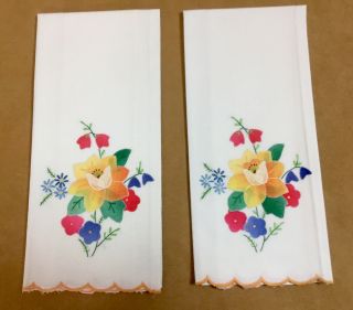Two Vintage Tea Towels Or Guest Towels,  Cotton,  Flower Appliqué & Embroidery