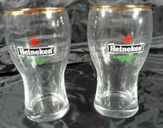 Vintage Heineken Beer Glass Red Star Gold Rim 5 " Tall Set Of 2 Glasses Man Cave