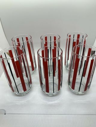 6 Piece Set Of Vintage Drinking Glasses Red & Black Striped Mid Century Modern